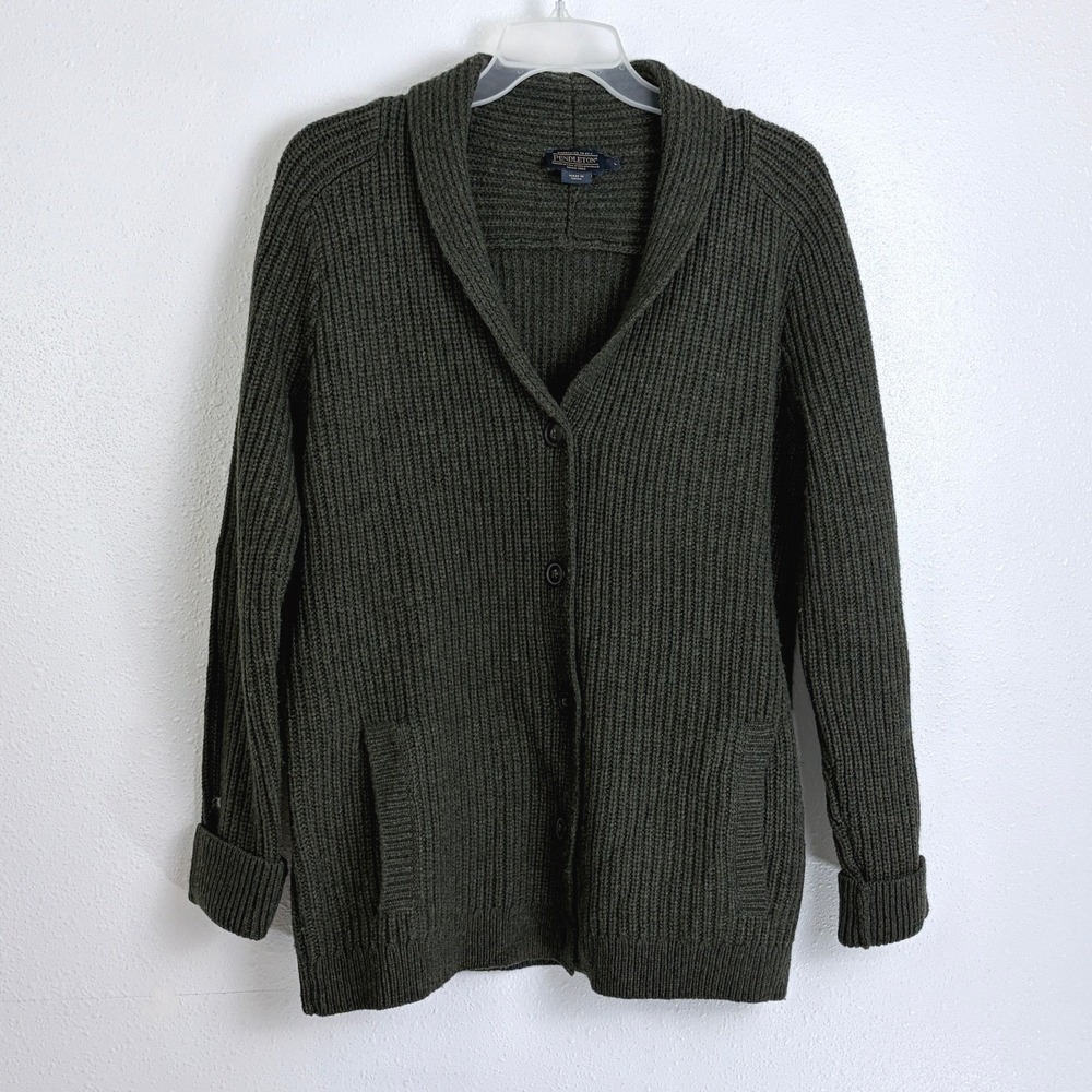 Pendleton Cardigan Olive Green Shawl Collar Ribbed Lambswool Pocket Large